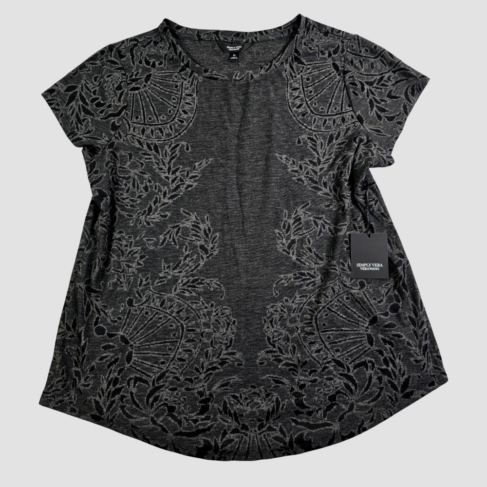 Simply Vera Wang Short Sleeve Floral Tee Womens XL Black Gothic Whimsy New